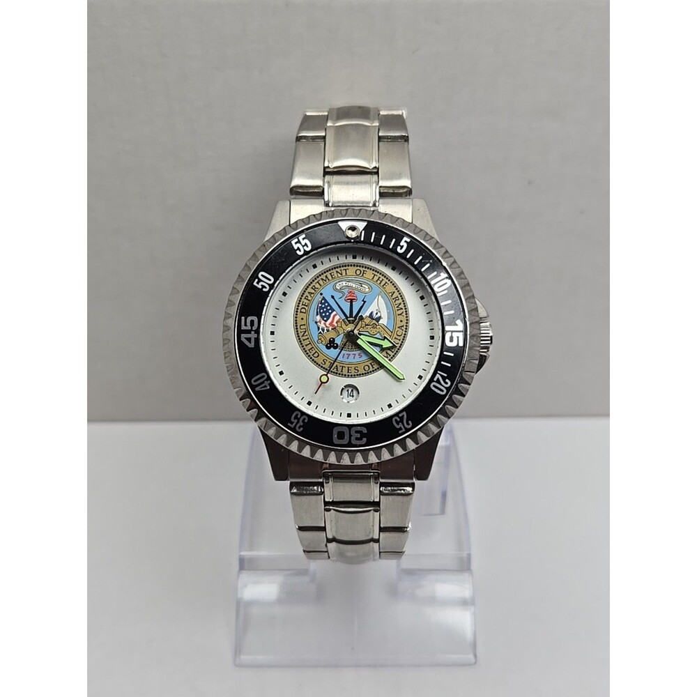 Sun Time US Army Dept Seal Competitor Steel Watch Quartz Date New Battery Mens
